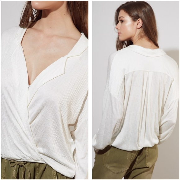 Rayon Surplice Flat Collar Long Sleeve Blouse - Picture 3 of 5